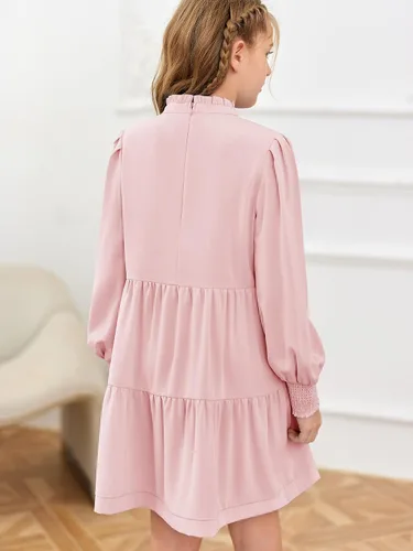 Vista 5 de Meikulo Vestidos de manga larga para niñas, cuello redondo con volantes, color liso, casual, acampanado, por debajo de la rodilla, 7-14 años