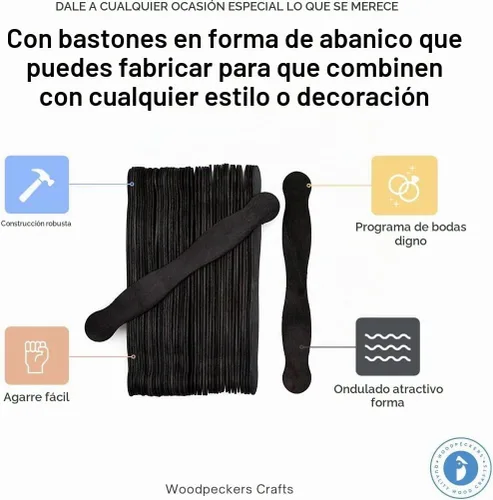 Vista 2 de Woodpeckers - Manijas de abanico de madera negras de 8 pulgadas, programas de boda, paquete de 50, palitos de paletas de paletas para subastas Negro