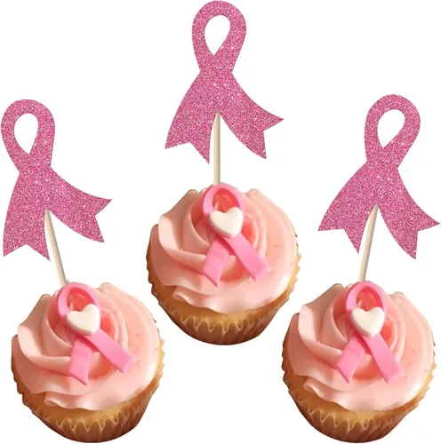 Vista 13 de Rsstarxi Paquete de 24 adornos para cupcakes con purpurina para concientización sobre el cáncer de mama, cinta rosa con purpurina para lucha contra