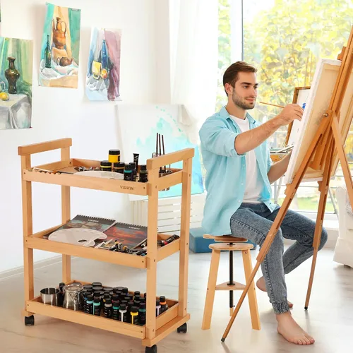 Vista 7 de VISWIN Organizador de carrito de arte, organizador de almacenamiento de suministros de arte de madera de haya maciza con ruedas giratorias, carrito