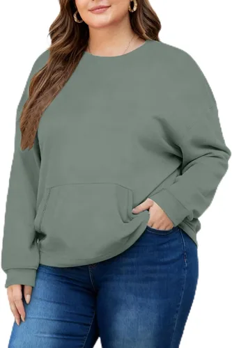 Vista 15 de Sudaderas de talla grande para mujer, sudadera casual de manga larga, color liso, cuello redondo, talla L-6XL