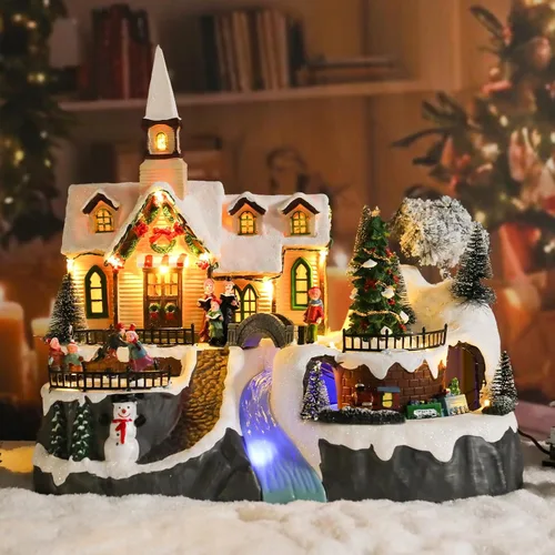 Vista 2 de DREAM GARDEN Casa de pueblo de Navidad, iglesia iluminada con tren en movimiento y árbol de Navidad, funciona con pilas, edificios musicales