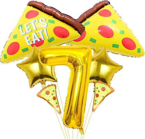 Vista 9 de 7 globos de pizza, número de cumpleaños de pizza, globos de aluminio de Mylar para pizza, suministros de fiesta, decoraciones de cumpleaños