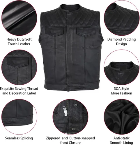 Vista 2 de GARGOYLE BELLS Chaleco de cuero para hombre, estilo SOA, con bolsillos para pistolas, chaleco para motociclista, para hombre Negro con acolchado