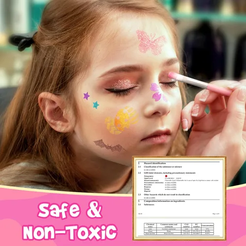 Vista 7 de Dreamon Tatuajes con purpurina para niños, tatuajes temporales para niñas y niños, kit de tatuaje con purpurina de 36 colores, regalos para fiesta