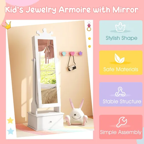 Vista 6 de Costzon Armario de joyería para niños, organizador de joyas de pie de 45 pulgadas con espejo de longitud completa, 3 cajones de almacenamiento