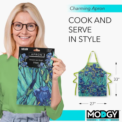 Vista 6 de MODGY Delantal con bolsillos para mujer, algodón, hornear, cocinar, Van Gogh Irises
