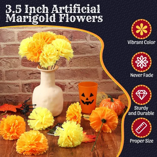 Vista 2 de 100 flores artificiales de caléndula con tallos de 3.5 pulgadas, flor falsa de caléndula de seda para fiesta de Halloween, decoración de altar
