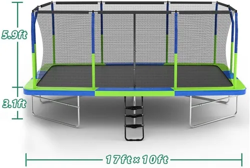 Vista 7 de Tranpolina rectangular para exteriores con aro de baloncesto, 8 x 12 pies, tranpolinas recreativas de 10 x 17 pies con red de recinto, escalera