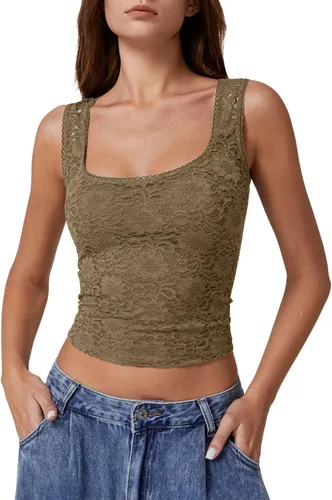 Vista 20 de QINSEN Camiseta sin mangas de doble capa con cuello cuadrado y ribete de encaje para mujer Amarillo claro