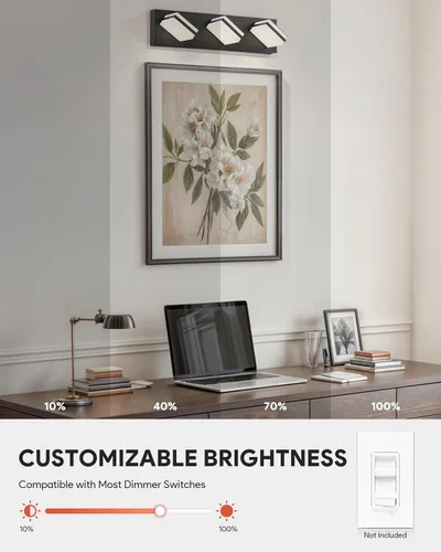 Vista 4 de VONLUCE Lámpara de tocador de baño, 3 luces LED modernas de tocador, luz de baño ajustable 3CCT con función de memoria, pantallas giratorias
