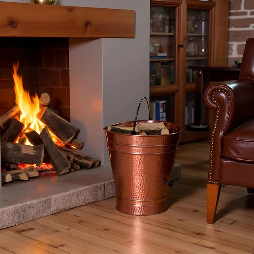 Vista 6 de Cubo grande de cobre para pellets de metal, carbón, chimenea, cenizas, con mango de hierro forjado, acabado antiguo, contenedor rústico duradero