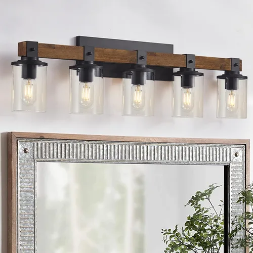 Vista 13 de DUJAHMLAND Lámpara de tocador de granja, lámpara de pared de madera de baño de 3 luces sobre espejo con pantalla de vidrio transparente, iluminación