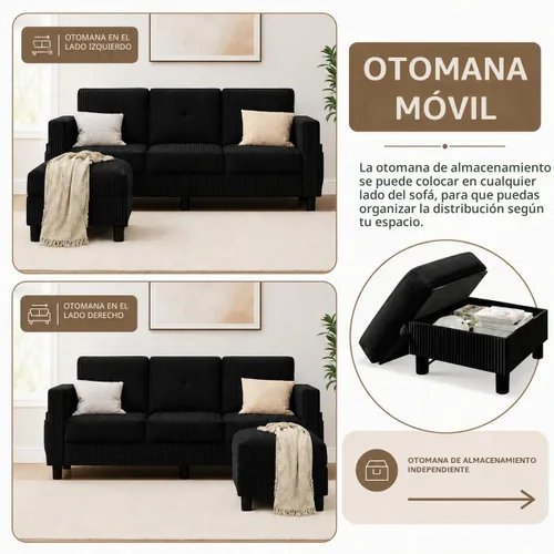 Vista 4 de Sofás Seccionales Convertibles para Sala de Estar, Sofá en Forma de L, Juego de Sofá Seccional de 3 Asientos con Tela de Pana y Otomán Móvil, Sofá
