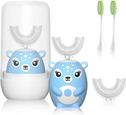 Vista 11 de Cepillos de dientes eléctricos en forma de U para niños, cepillo de dientes automático sónico de dibujos animados ciervos (azul 2-6 edad)