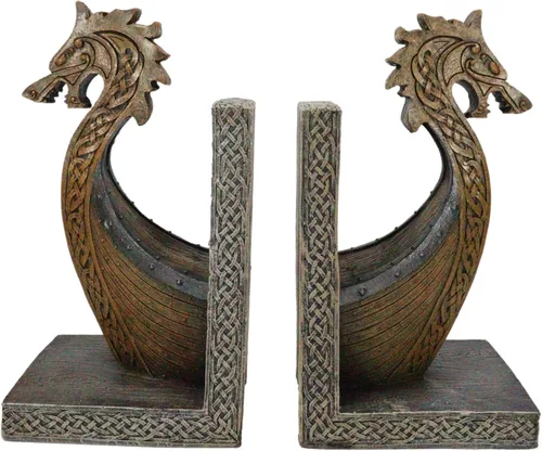 Vista 7 de Ebros Gift Juego de dos sujetalibros náuticos del reino del mar costero escandinavo, dragón vikingo escandinavo, proa, barco, sujetalibros, juego