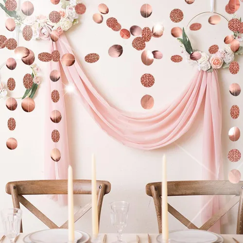 Vista 3 de Decoraciones de fiesta con purpurina de oro rosa colgante, serpentina circular, puntos, guirnalda de puntos de papel, banderines, banderines, telón