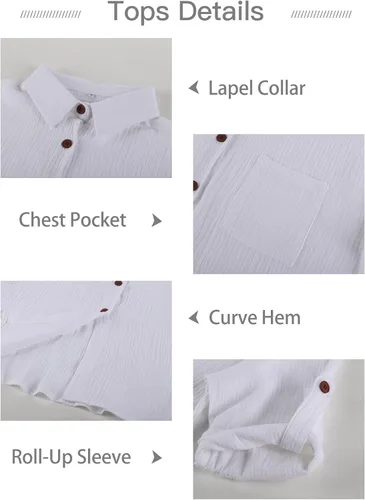 Vista 5 de Flygo Conjunto de 2 piezas para mujer, conjunto de pantalones cortos de algodón y lino, manga enrollable, camisa con botones y pantalones cortos
