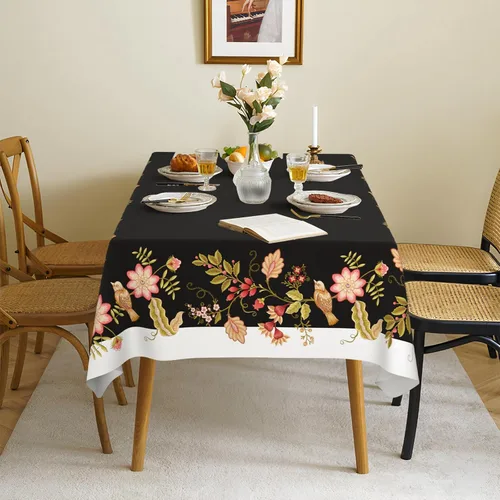 Vista 4 de Mantel de tela impermeable con diseño de pájaros blancos y negros, rectangular, a prueba de arrugas, resistente al aceite, para mesa de comedor