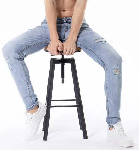 Vista 5 de ZLZ Jeans desgastados rasgados y azules para hombre, ajuste delgado, diseño de moda urbana, pantalones de mezclilla destruidos, ajuste elástico