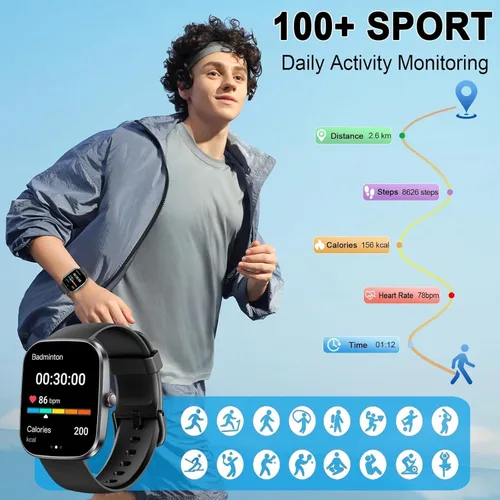 Vista 3 de Reloj inteligente con pantalla táctil HD de 1.91 pulgadas, rastreador de actividad física con llamadas Bluetooth, reloj de fitness con monitor