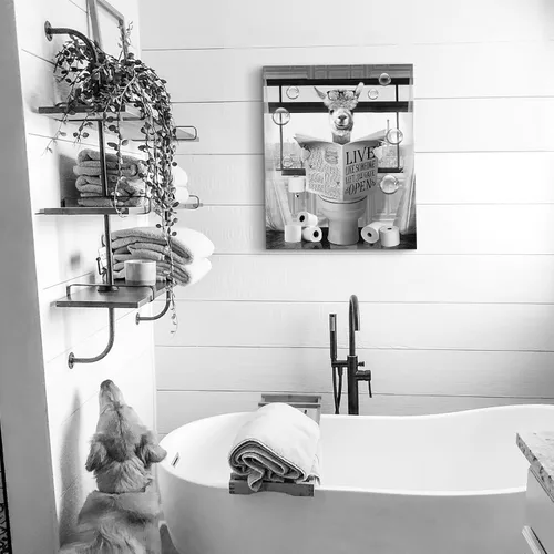 Vista 5 de Luslya Divertido arte de pared de alpaca para baño, linda alpaca sentada en el inodoro, lectura de periódicos, póster enmarcado en blanco y negro