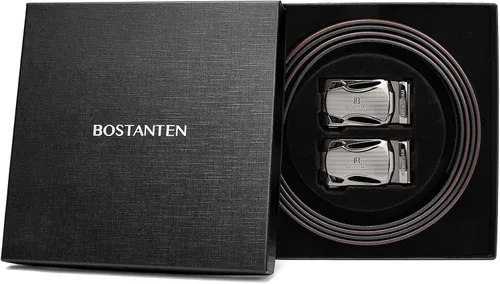Vista 7 de BOSTANTEN Cinturones de vestir de trinquete para hombre, 2 paquetes, cinturones de cuero genuino para hombres con litera deslizante de clic, recorte