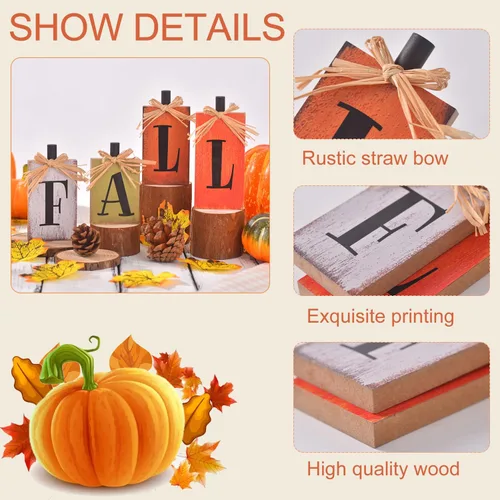 Vista 4 de Ovootok Decoraciones de otoño para el hogar, 4 letreros rústicos de decoración del hogar, centros de mesa de otoño para mesas, juego de bloques