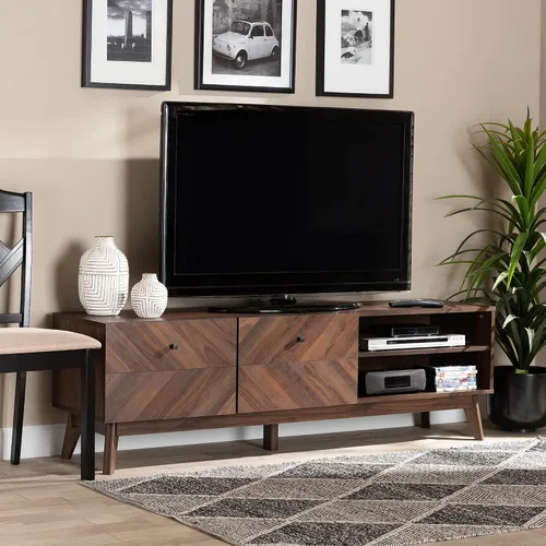 Vista 8 de Baxton Studio Hartman Mid-Century - Soporte de TV de madera con acabado marrón nogal moderno