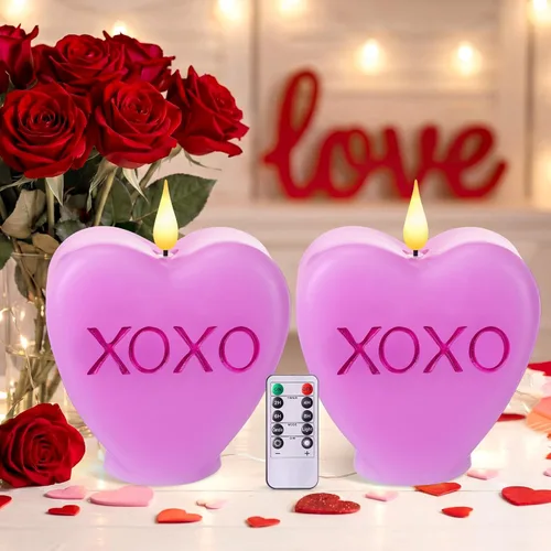 Vista 10 de Retisee 2 velas LED en forma de corazón sin llama para el día de San Valentín, velas románticas de colección de San Valentín, decoración romántica