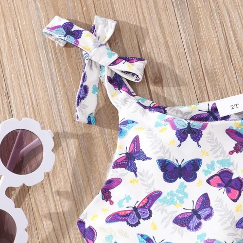 Vista 5 de zarmfly Conjunto de ropa de verano para niñas pequeñas, conjunto de 2 piezas con nudo de corbata, hombros descubiertos, sin mangas, con volantes