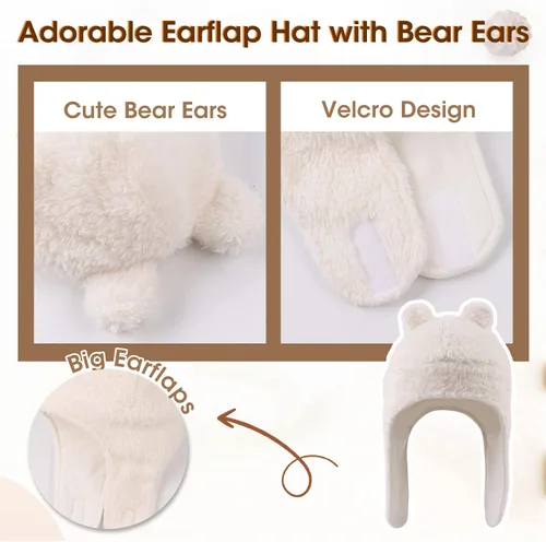 Vista 4 de Conjunto de gorro, bufanda y guantes de forro polar para bebé, gorro de invierno con orejeras para niños pequeños, bufandas y guantes cálidos