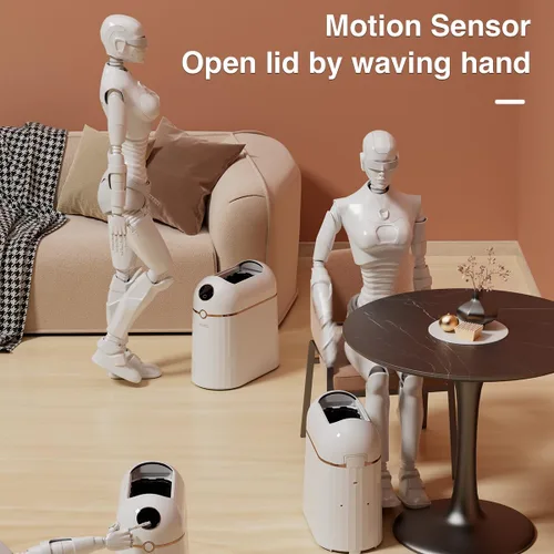Vista 3 de Basurero automático sin contacto para baño, autosellado y autocambiante, cubo de basura inteligente con sensor de movimiento con tapa, 2.7 galones