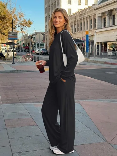 Vista 3 de Trendy Queen Conjunto de 2 piezas de otoño para mujer, tops de gran tamaño Negro