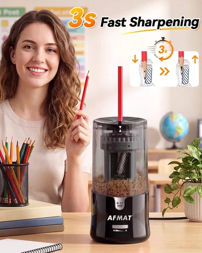 Vista 3 de AFMAT PS92 Sacapuntas eléctrico para aula, sacapuntas enchufable para lápices grandes y jumbo, colores y n.º 2, parada automática, 2 ajustes de Negro