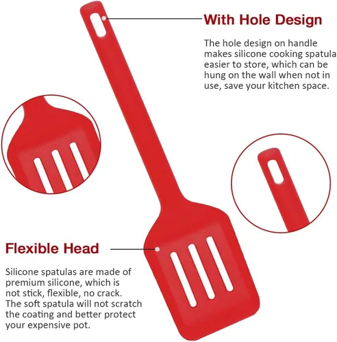 Vista 3 de Juego de 4 espátulas de silicona, espátula de silicona para uso en cocina, espátula ranurada para huevos, panqueques (rojo)