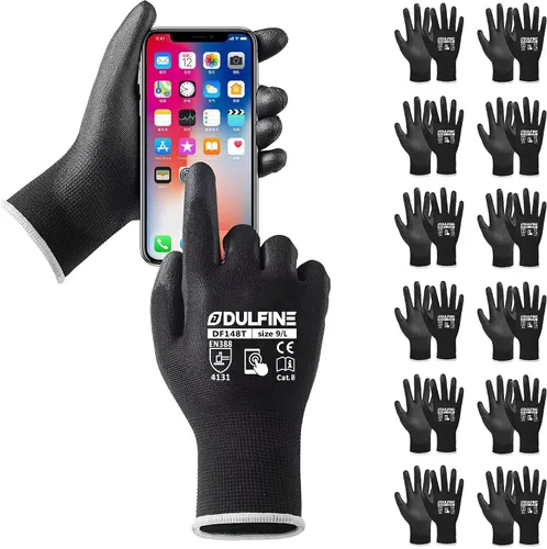 Vista 15 de DULFINE Guantes de trabajo ultrafinos con revestimiento de PU - 12 pares, excelente agarre, carcasa de nylon guantes de trabajo de seguridad