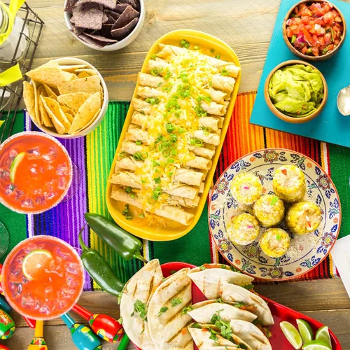 Vista 5 de Camino de mesa mexicano, paquete de 8 unidades, 14 x 110 pulgadas, decoración de fiesta temática mexicana grande para fiesta del Cinco de Mayo