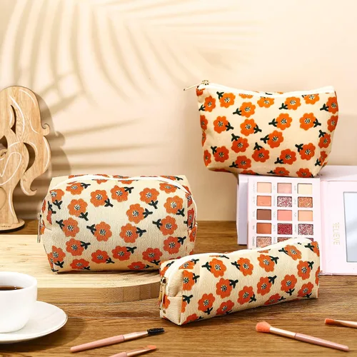 Vista 3 de Photect Juego de 3 bolsas de maquillaje floral para bolso, bolsa de lona de pana, pequeña bolsa de cosméticos para mujeres, mini artículos