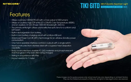 Vista 3 de Nitecore TIKI GITD BLUE - Keylight LED recargable - Alto CRI y LED UV - 300 lúmenes