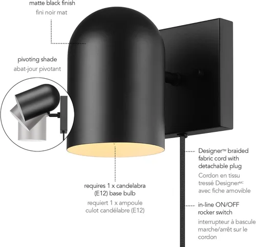 Vista 12 de Globe Electric 65000098 Lámpara de pared de 1 luz enchufable o cableada, negro mate, cable de tela trenzada de 1.8 metros, interruptor basculante