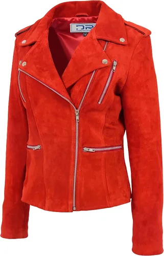 Vista 3 de Divergent Retail DR217 Women's Hardrock Biker Chich Leather Jacket Red Suede