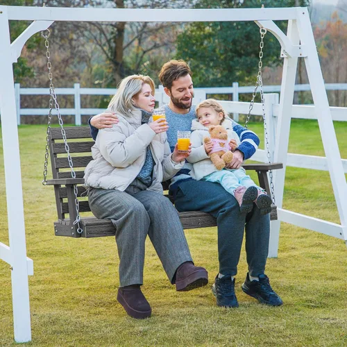 Vista 2 de KINGYES Columpio colgante para porche al aire libre, silla de patio de 2 asientos con portavasos, banco impermeable para patio y jardín, capacidad