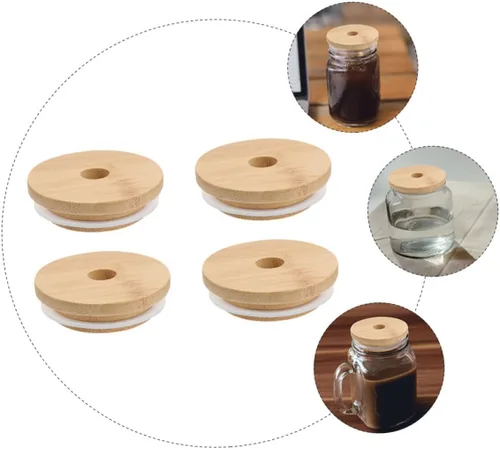 Vista 6 de UPKOCH Tarro de conservas para tarros de yogur, 4 unidades, tapas de bambú, tapa de tarro de vidrio, tapa de madera