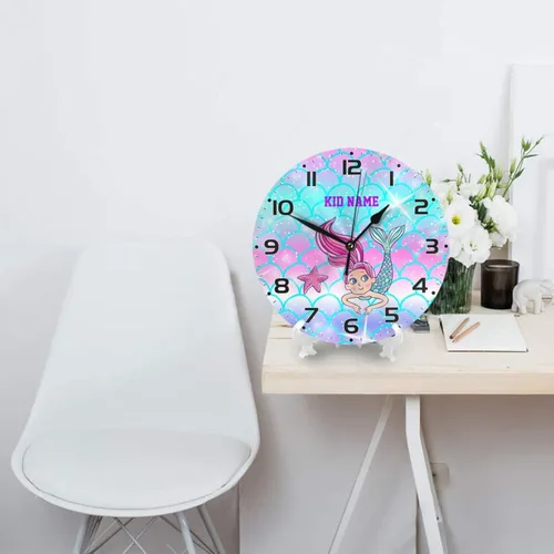 Vista 4 de Reloj de pared personalizado con escamas de sirena coloridas y estrellas de mar para habitación de niños, reloj de pared personalizado con nombre