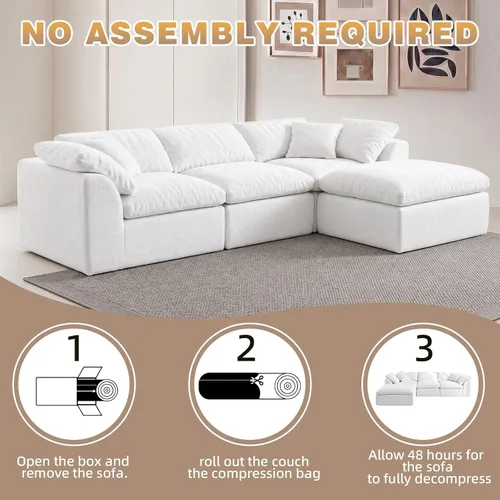 Vista 4 de Sofá modular de nube sin hueso de 110 pulgadas para sala de estar, sofá modular en forma de L de gran tamaño con otomana, sofá seccional de felpilla