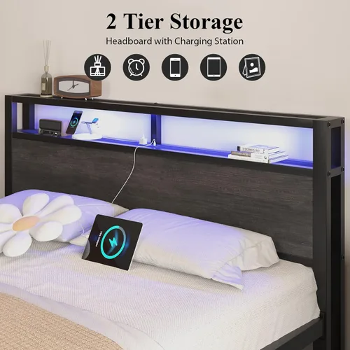 Vista 28 de LOEWAY Base de cama tamaño Queen con cabecero de almacenamiento y luces LED, color gris