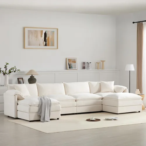 Vista 10 de Moderno sofá modular en forma de U con almohadas para la cintura, sofá cama con diván, sofá tapizado simétrico de felpilla de 6 asientos para sala