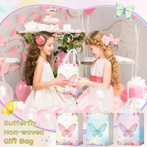 Vista 5 de Locmeo 24 bolsas de favor de fiesta de mariposa con asas, reutilizables, no tejidas, bolsas de dulces de mariposa rosa, azul y morado, bolsa