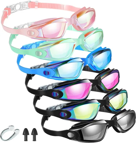 Vista 9 de Flutesan Paquete de 6 gafas de natación para adultos y niños, anti niebla, con tapones para los oídos, clip para la nariz, sin fugas, protección